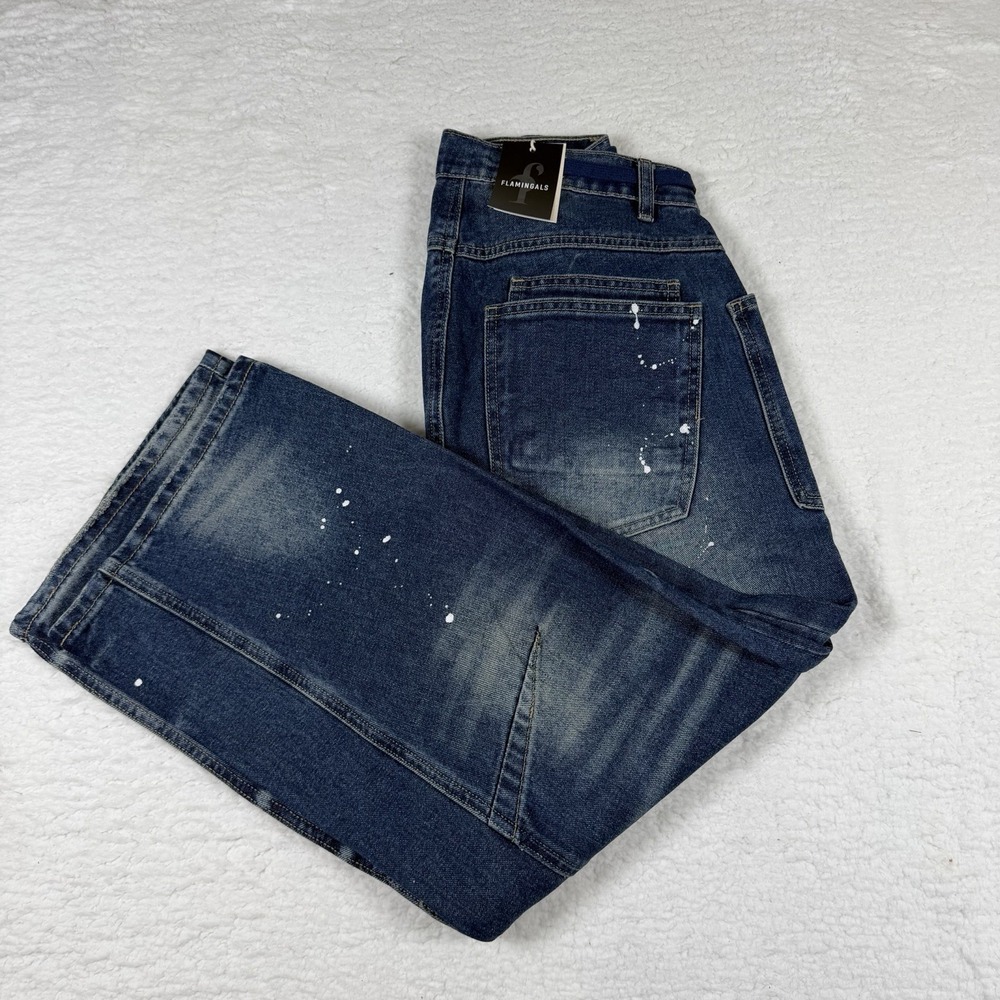 Flamingals jeans Large women's Y2K high rise wide leg paint splatter Drawstring